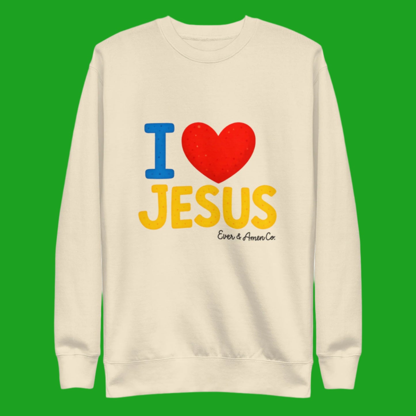 Adult unisex premium sweatshirt with I Love Jesus design, Christian faith apparel