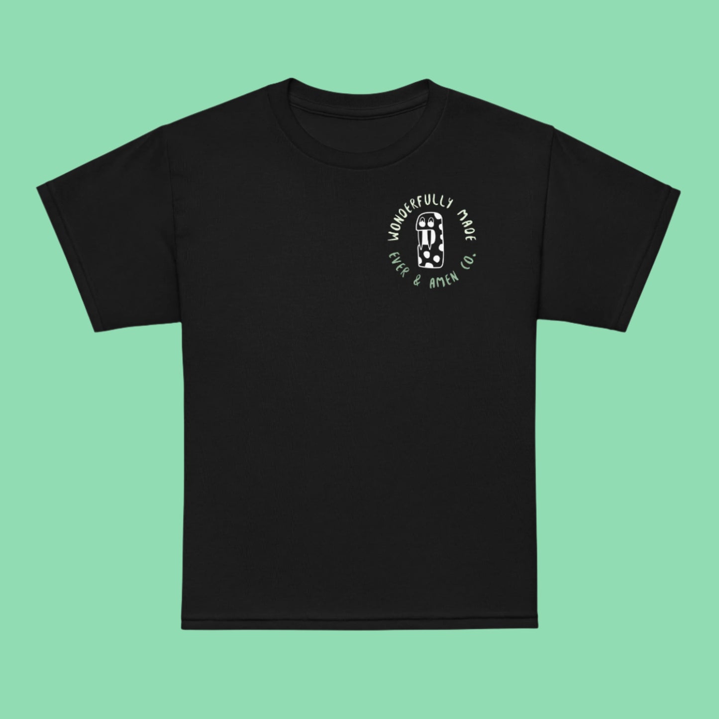 Boys’ Christian graphic tee with the phrase “Wonderfully Made.” Inspirational and faith-based shirt reminding kids of God’s perfect design. Comfortable and stylish, perfect for church, school, or everyday wear. Designed by Ever & Amen Co