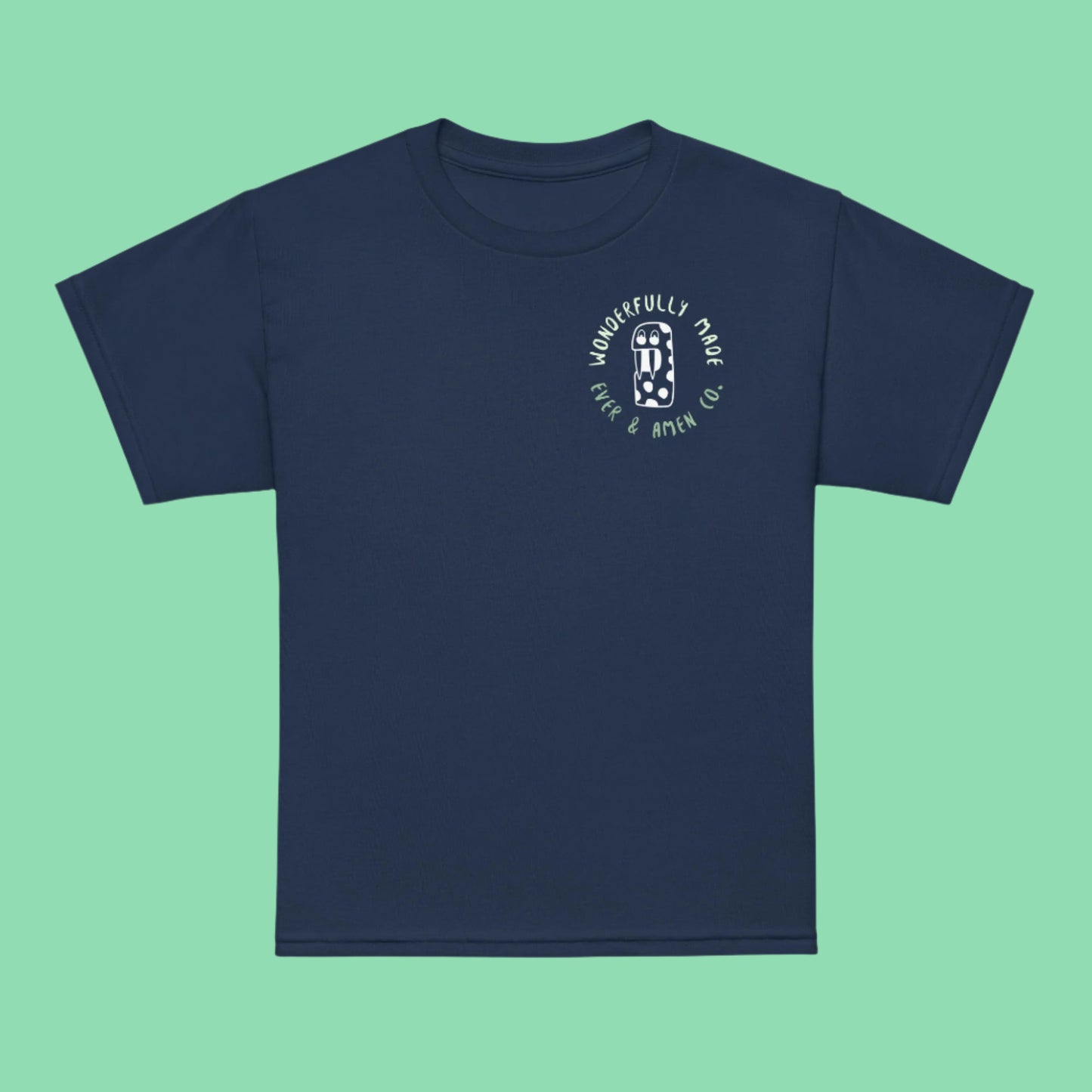 Boys’ Christian graphic tee with the phrase “Wonderfully Made.” Inspirational and faith-based shirt reminding kids of God’s perfect design. Comfortable and stylish, perfect for church, school, or everyday wear. Designed by Ever & Amen Co.