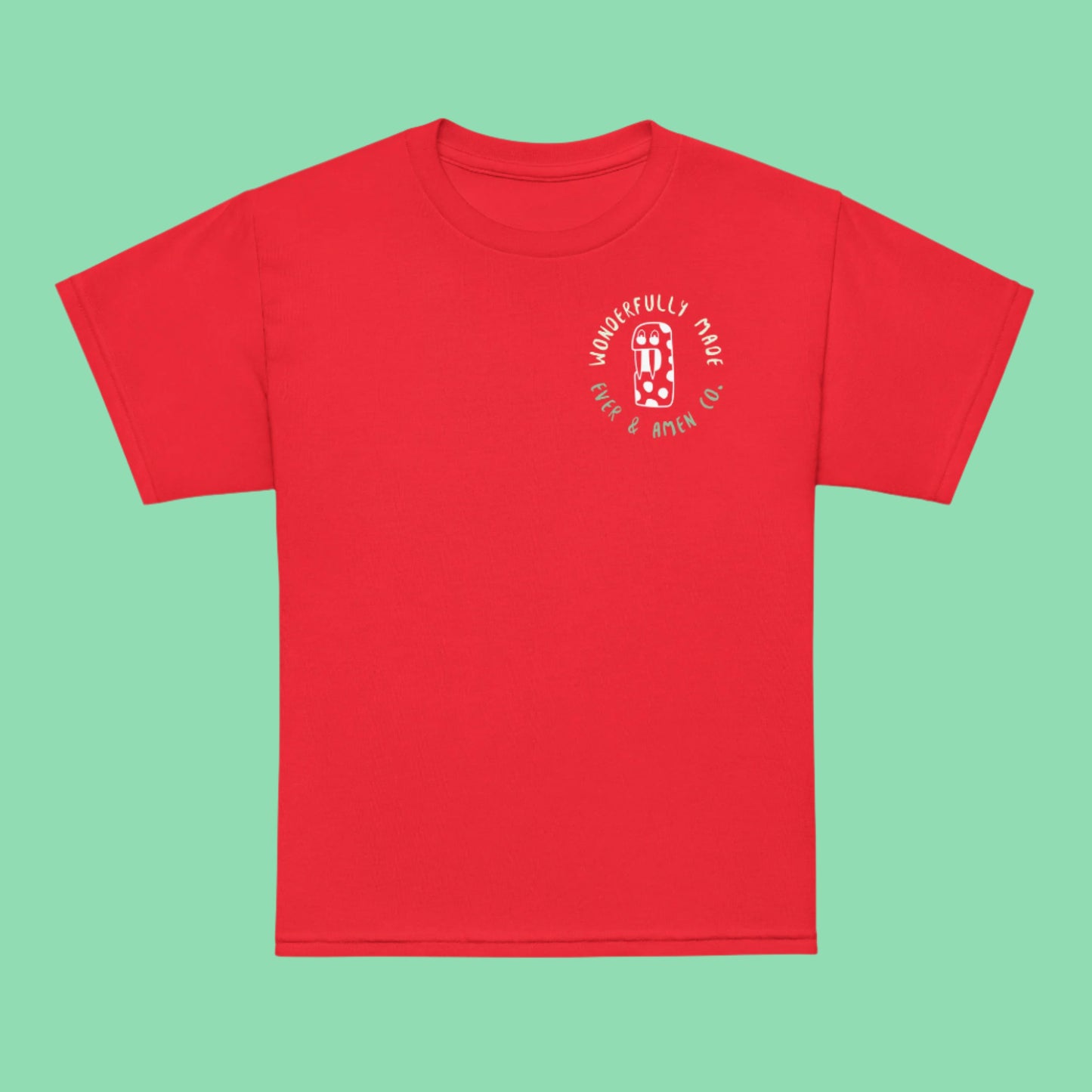 Boys’ Christian graphic tee with the phrase “Wonderfully Made.” Inspirational and faith-based shirt reminding kids of God’s perfect design. Comfortable and stylish, perfect for church, school, or everyday wear. Designed by Ever & Amen Co.