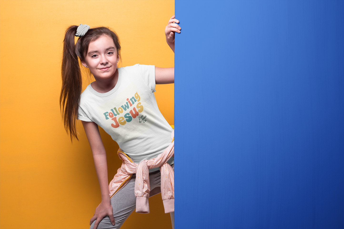 Kidsâ Christian t-shirt with âFollowing Jesusâ text. Unisex fit, soft fabric, perfect for church or play.
