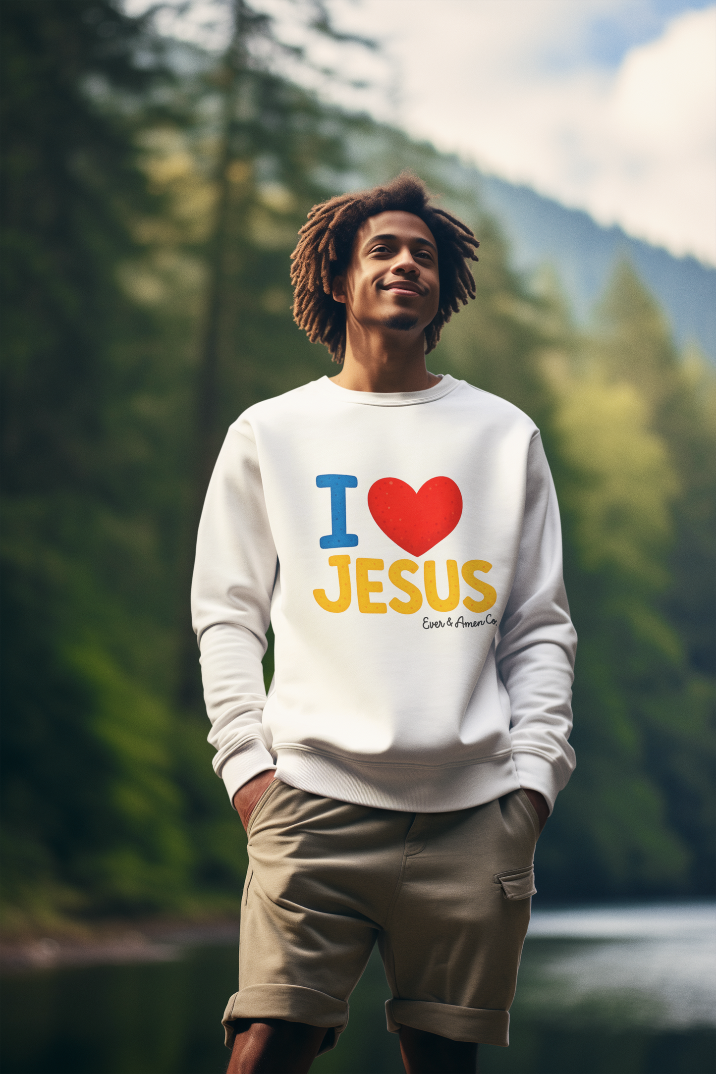 Person wearing a 'I ❤️ JESUS' sweatshirt in a forest setting