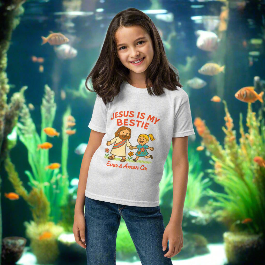Girls’ Christian graphic tee with the phrase “Jesus Is My Bestie.” Cute and faith-filled shirt designed to inspire young hearts. Perfect for church, youth group, school, or everyday wear. Created by Ever & Amen Co.