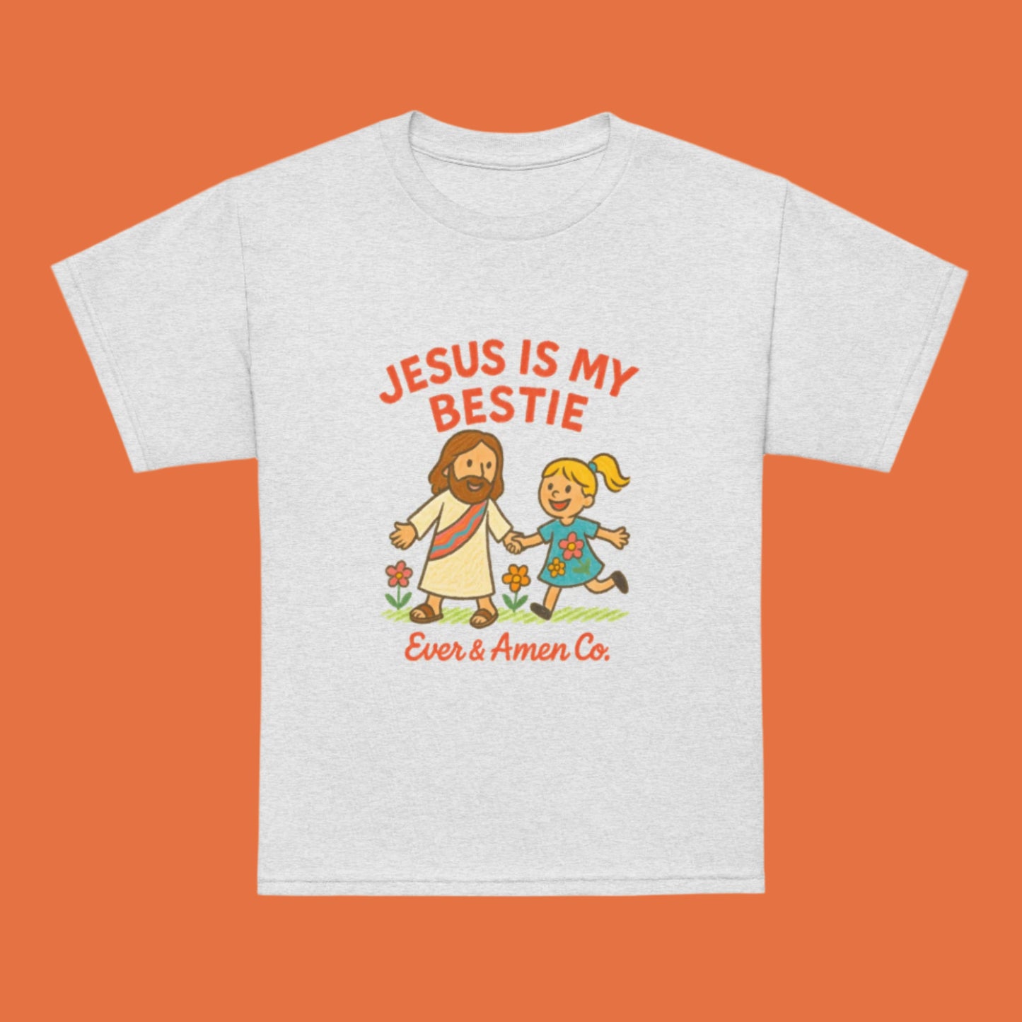 Girls’ Christian graphic tee with the phrase “Jesus Is My Bestie.” Cute and faith-filled shirt designed to inspire young hearts. Perfect for church, youth group, school, or everyday wear. Created by Ever & Amen Co