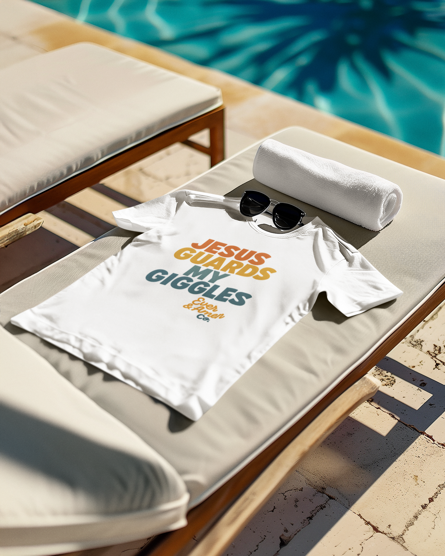 Children’s Christian graphic tee with the phrase “Jesus Guards My Giggles.” Fun and uplifting faith-based shirt reminding kids of God’s love and protection. Perfect for church, school, or everyday play. Created by Ever & Amen Co.