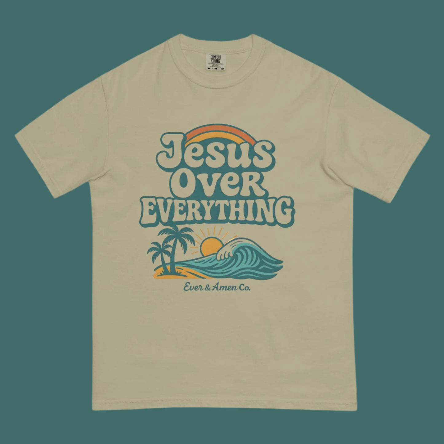 Faith-based graphic tee for men and women with “Jesus Over Everything” lettering