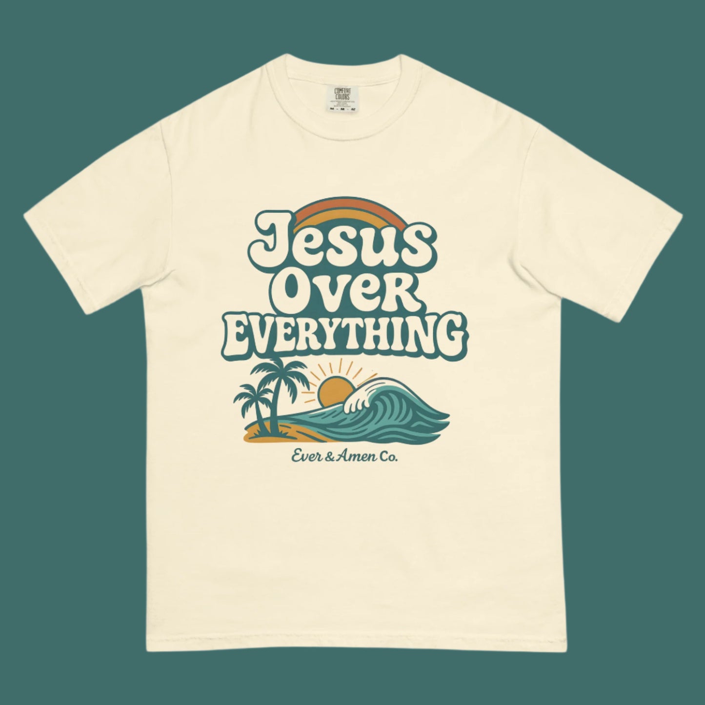Faith-based graphic tee for men and women with “Jesus Over Everything” lettering