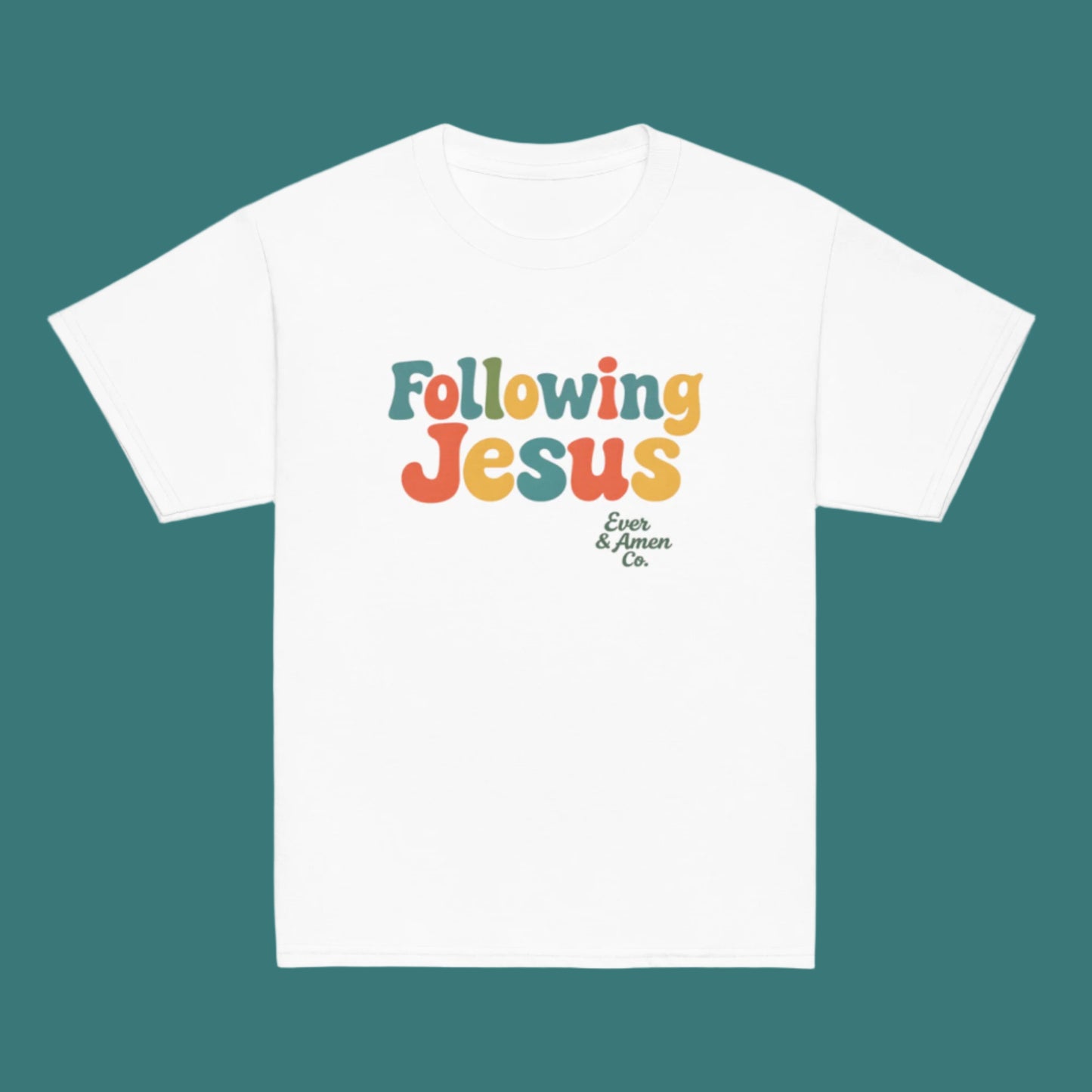 Unisex childrenâs Christian tee with âFollowing Jesusâ design. Soft and faith-filled shirt for boys and girls. Perfect for church or everyday wear