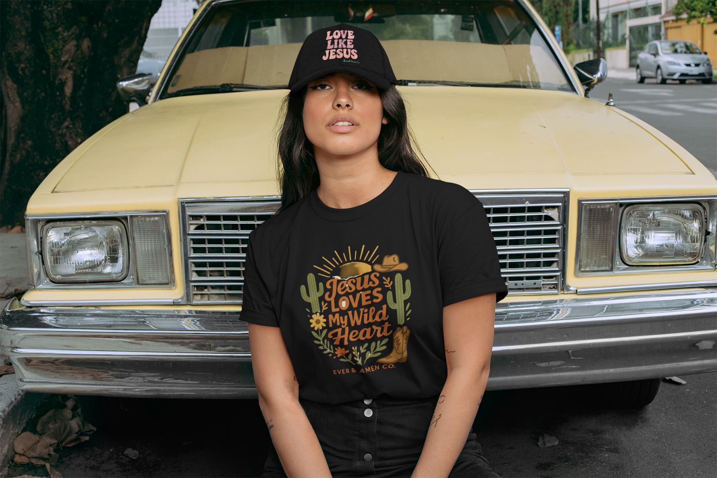 Ladies’ Christian graphic tee with the phrase “Jesus Loves My Wild Heart.” Soft, stylish, and faith-inspired shirt perfect for church, Bible study, or casual wear. Designed by Ever & Amen Co. to celebrate God’s love and individuality.
