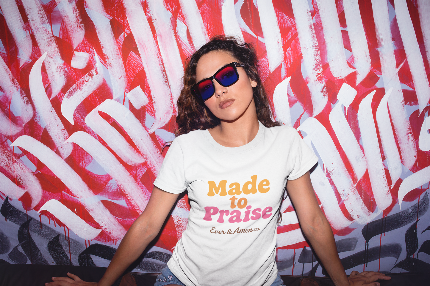 Christian graphic tee for women featuring “Made to Praise” message. Faith-inspired design by Ever & Amen Co.