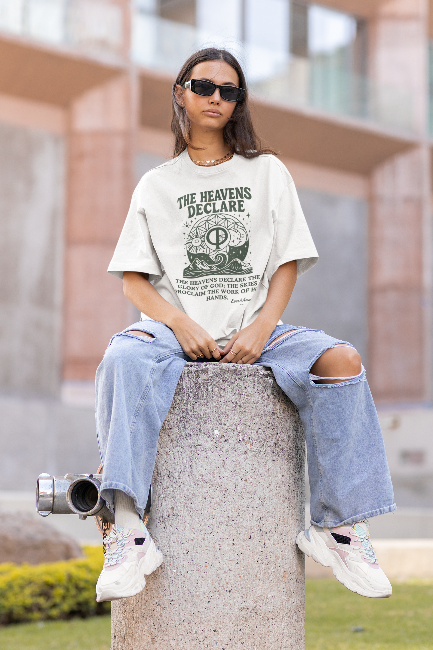 Oversized unisex Christian graphic tee with the phrase “The Heavens Declare,” inspired by Psalm 19:1 and the golden ratio. Soft, faith-based shirt perfect for modern Christian streetwear, church, or everyday wear. Designed by Ever & Amen Co.