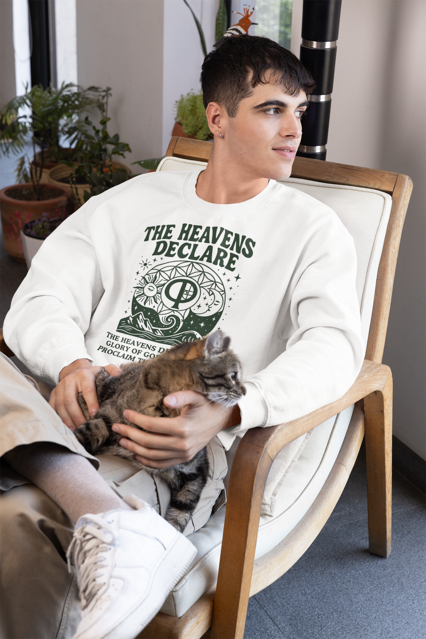 Unisex Christian crew neck sweatshirt with the phrase “The Heavens Declare,” inspired by Psalm 19:1 and the golden ratio. Soft, faith-based sweatshirt perfect for church, Bible study, or everyday wear. Designed by Ever & Amen Co.
