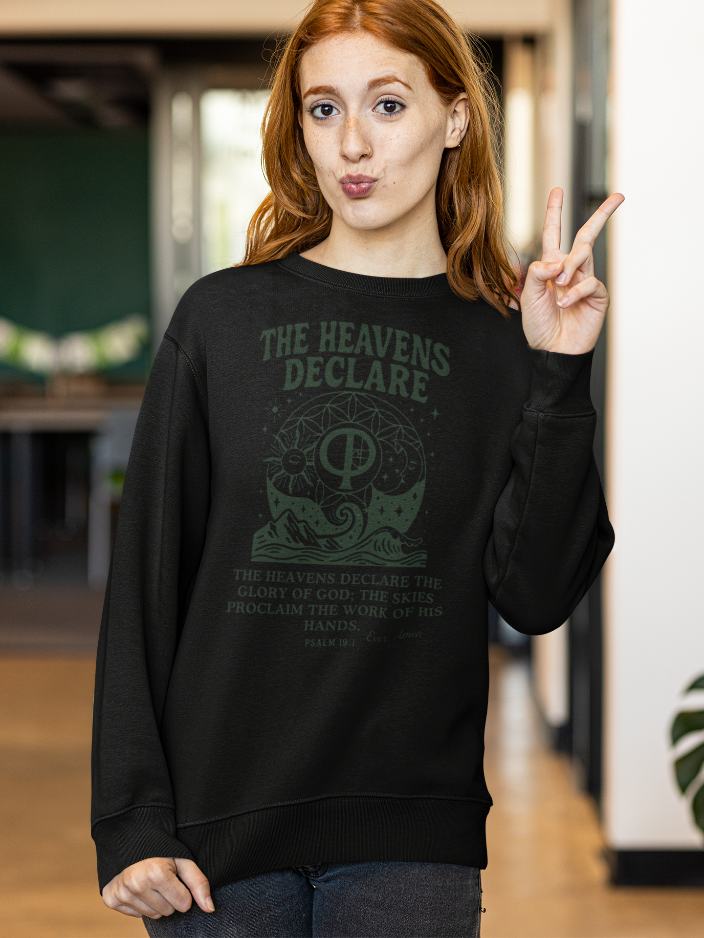 Unisex Christian crew neck sweatshirt with the phrase “The Heavens Declare,” inspired by Psalm 19:1 and the golden ratio. Soft, faith-based sweatshirt perfect for church, Bible study, or everyday wear. Designed by Ever & Amen Co.