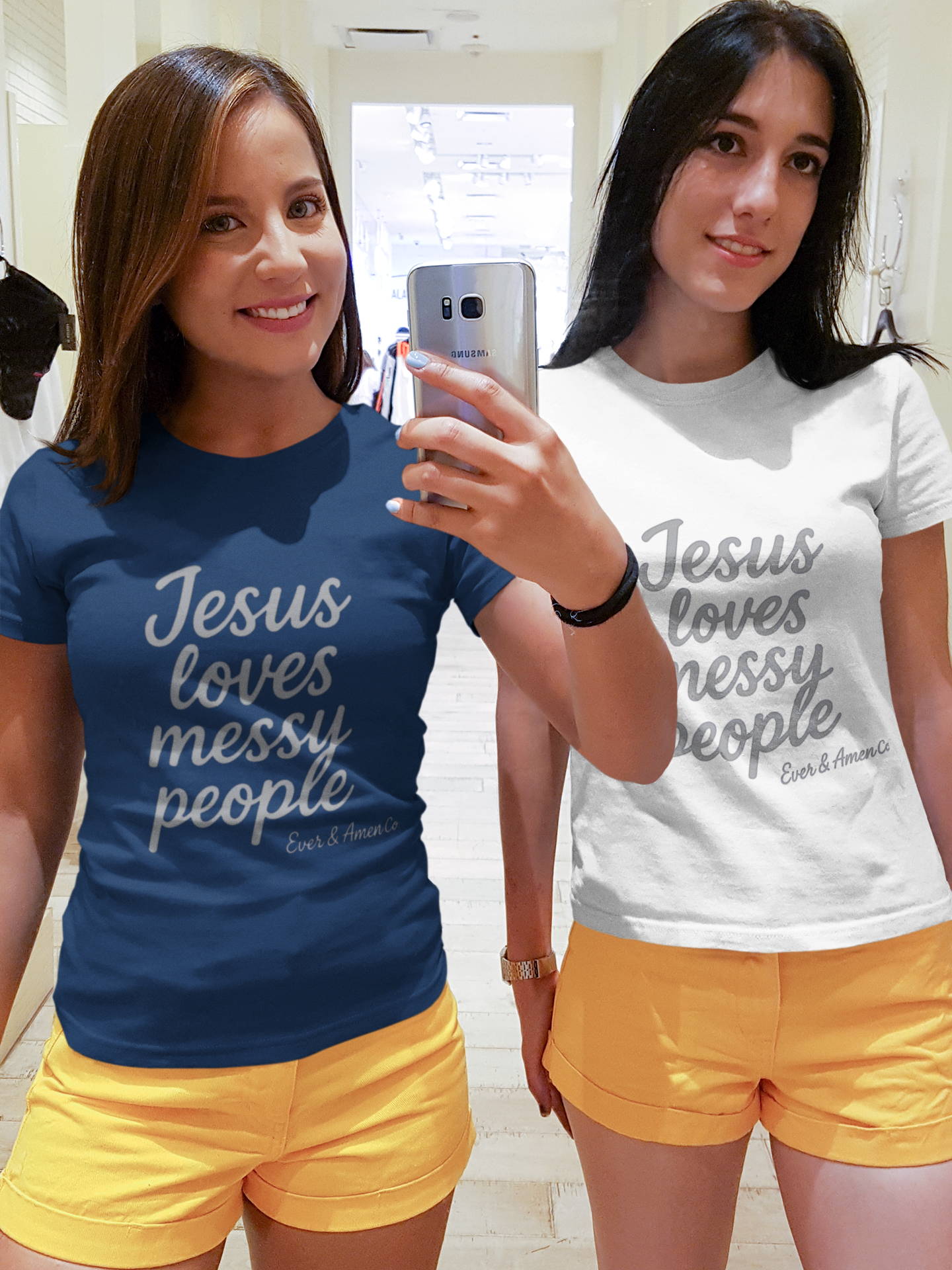 Women’s Christian graphic tee with the phrase “Jesus Loves Messy People.” Soft and stylish faith-based shirt celebrating God’s grace and unconditional love. Perfect for church, Bible study, or everyday wear. Designed by Ever & Amen Co.