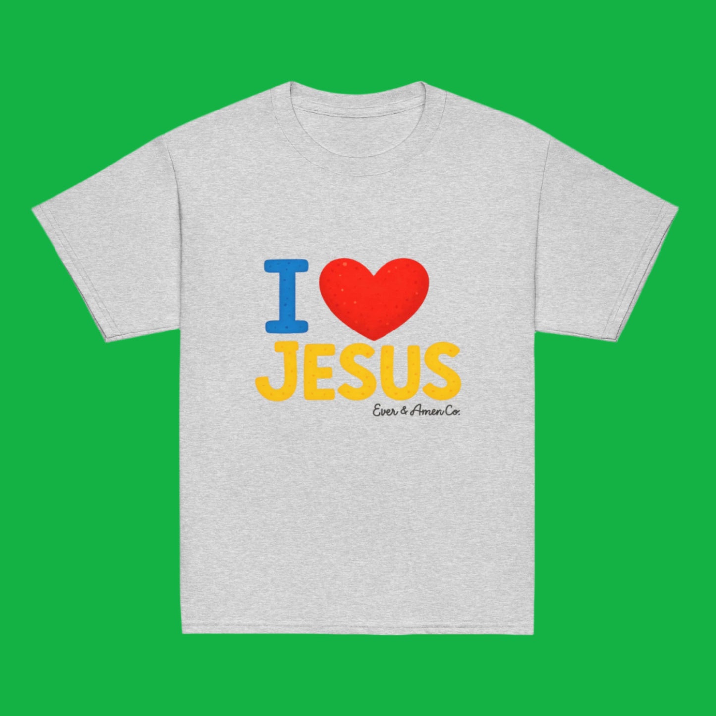 Soft cotton Christian t-shirt for kids featuring I Love Jesus design, perfect for church and play