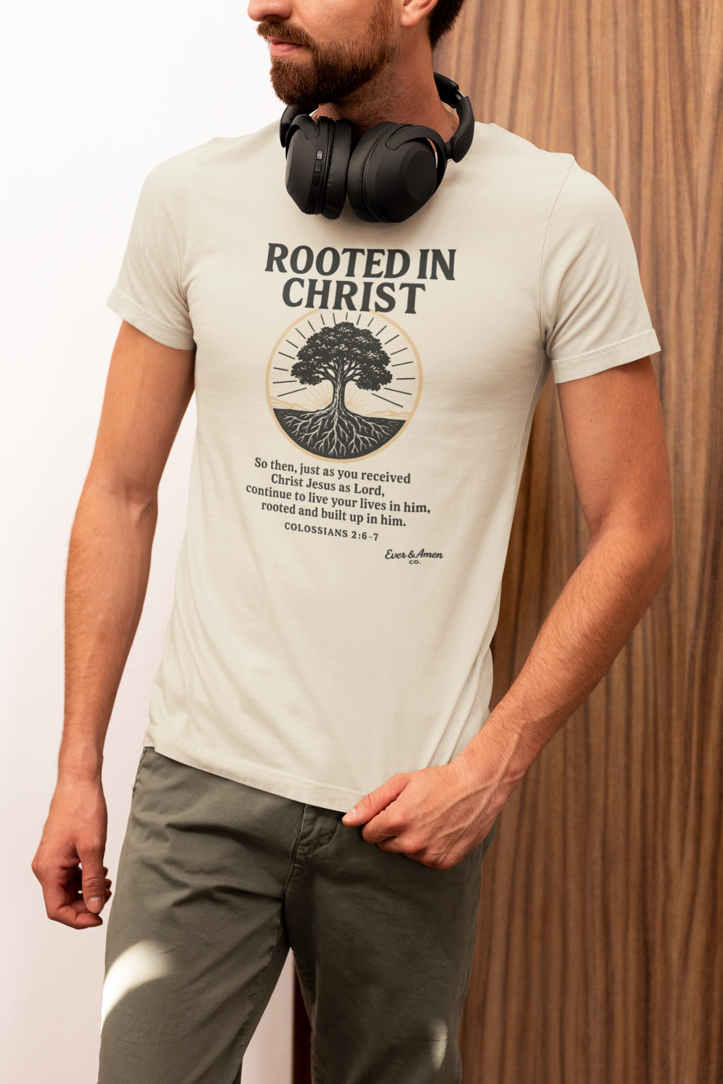 Show your faith with the Men’s “Rooted in Christ” Tee. A bold, comfortable Christian graphic shirt perfect for church, Bible study, or everyday wear. Designed by Ever & Amen Co.