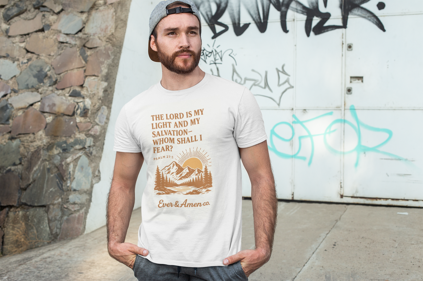 Men’s Christian graphic tee with the phrase “The Lord Is My Light.” Inspirational and faith-based shirt designed for everyday wear, church, or Bible study. A modern and meaningful piece from Ever & Amen Co.