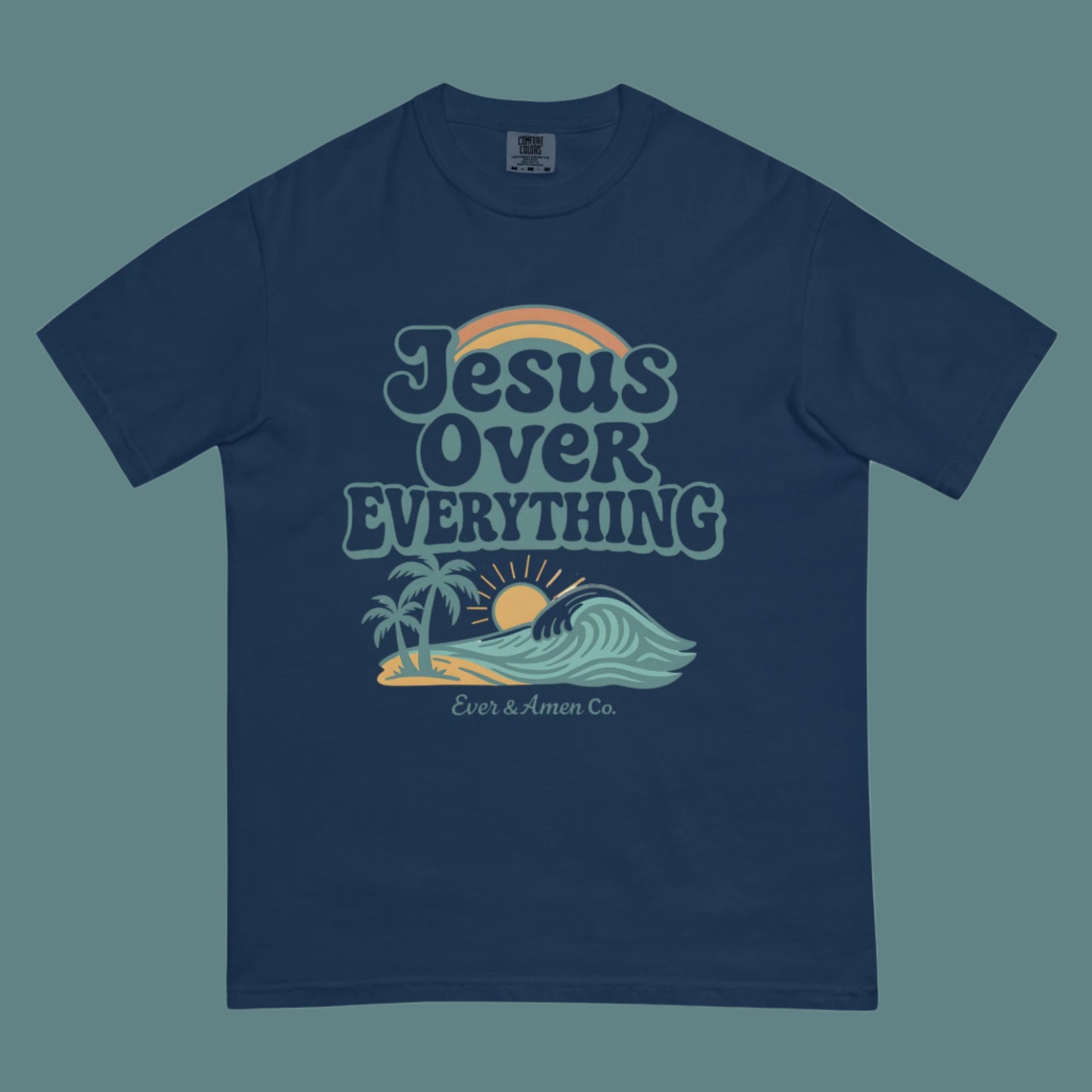 Faith-based graphic tee for men and women with “Jesus Over Everything” lettering
