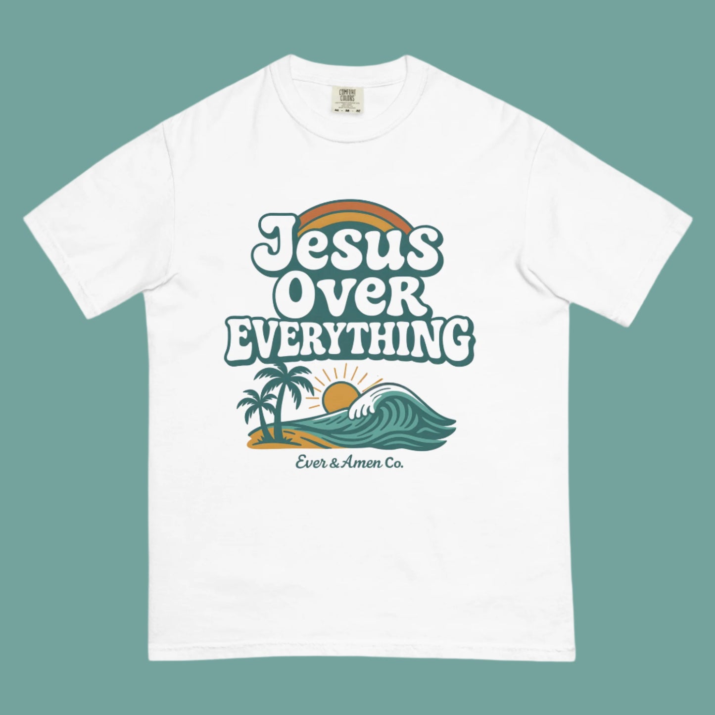 Faith-based graphic tee for men and women with “Jesus Over Everything” lettering