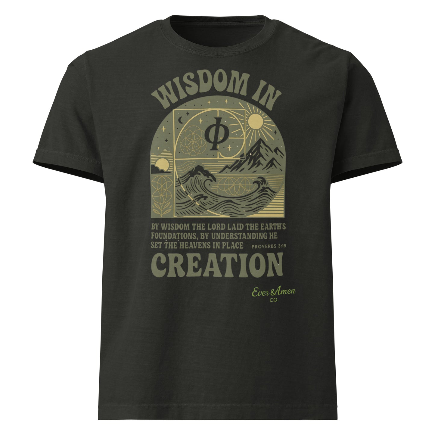 Proverbs 3:19 “Wisdom in Creation” tee with sacred design elements. Oversized fit for modern Christian style.