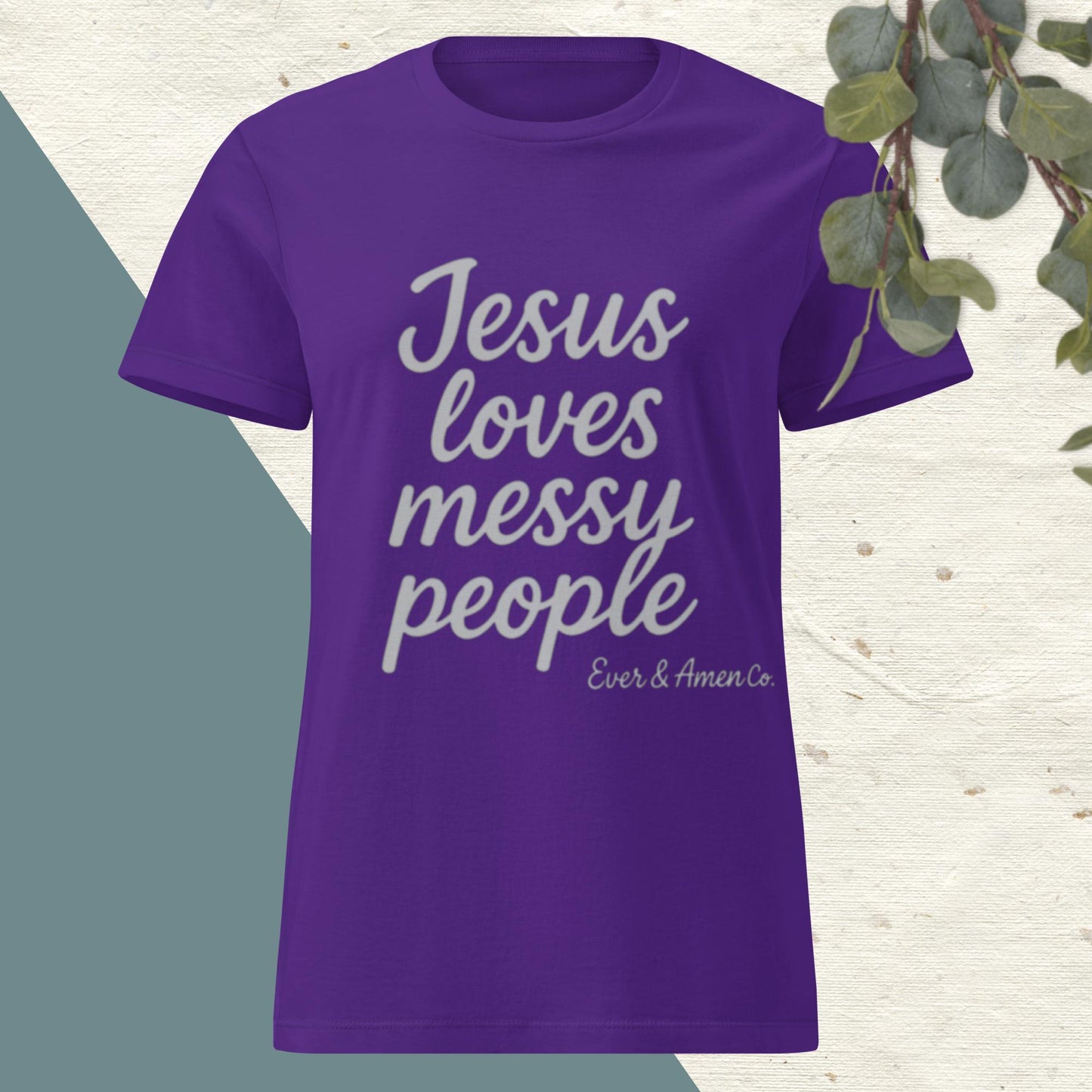 Women’s Christian graphic tee with the phrase “Jesus Loves Messy People.” Soft and stylish faith-based shirt celebrating God’s grace and unconditional love. Perfect for church, Bible study, or everyday wear. Designed by Ever & Amen Co.