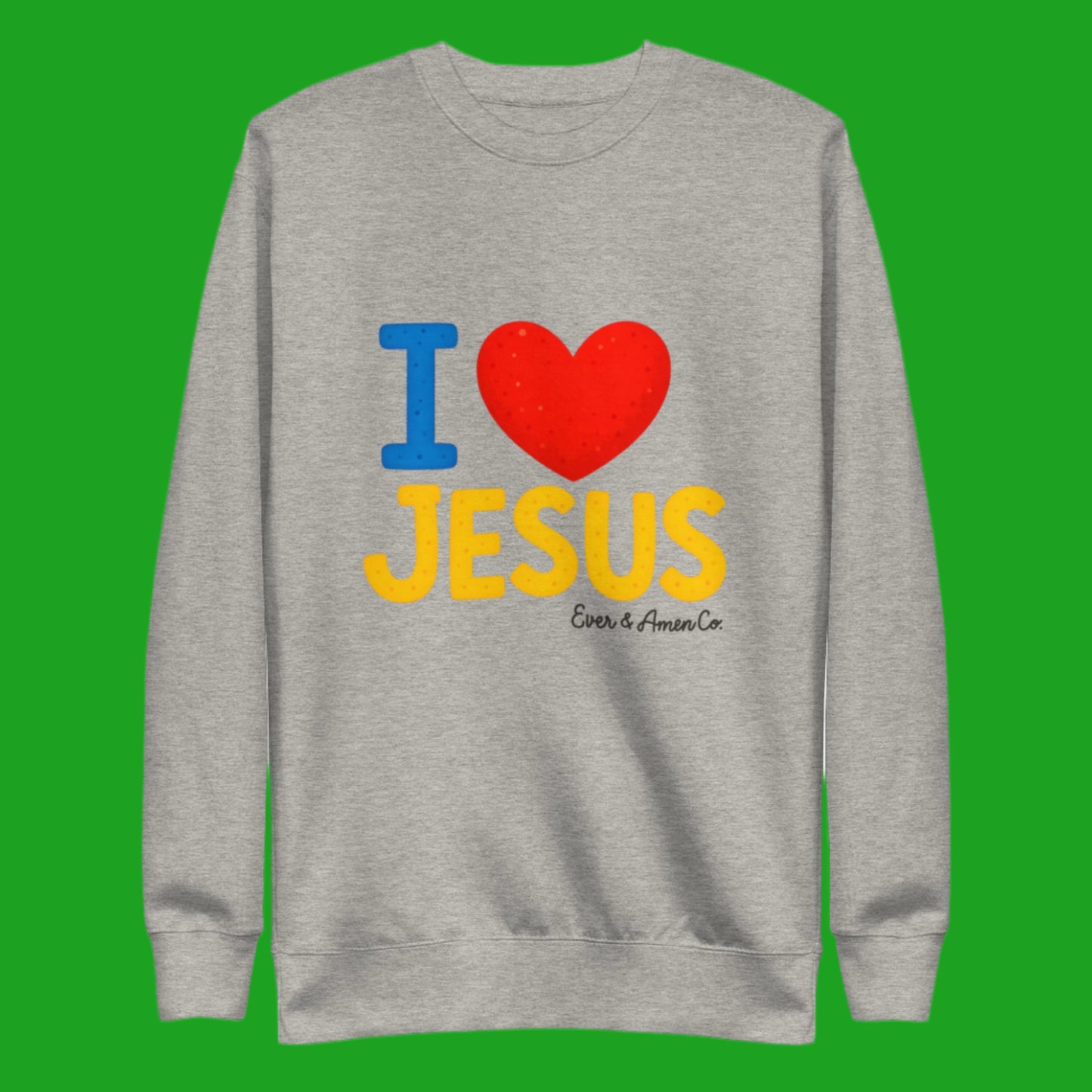 Soft cotton blend adult sweatshirt featuring I Love Jesus design, perfect for church
