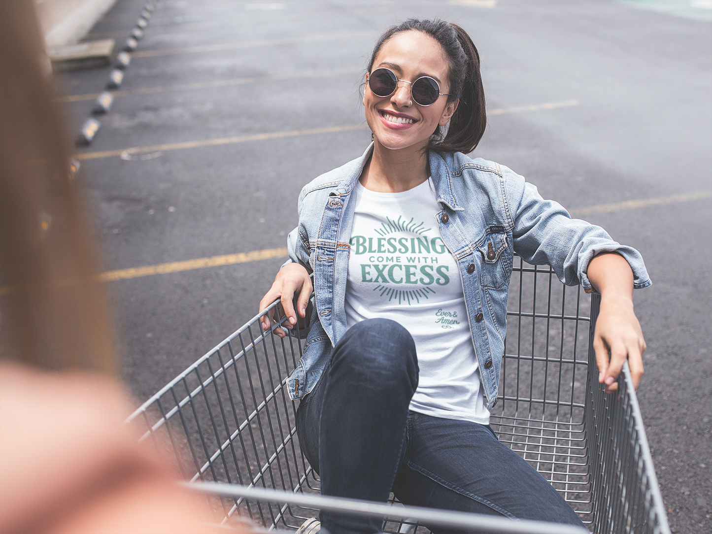 Women’s Christian graphic tee with the phrase “Blessings Come With Excess.” Soft, stylish faith-based shirt perfect for church, Bible study, or everyday wear. Inspirational apparel from Ever & Amen Co. designed to celebrate God’s overflowing goodness.