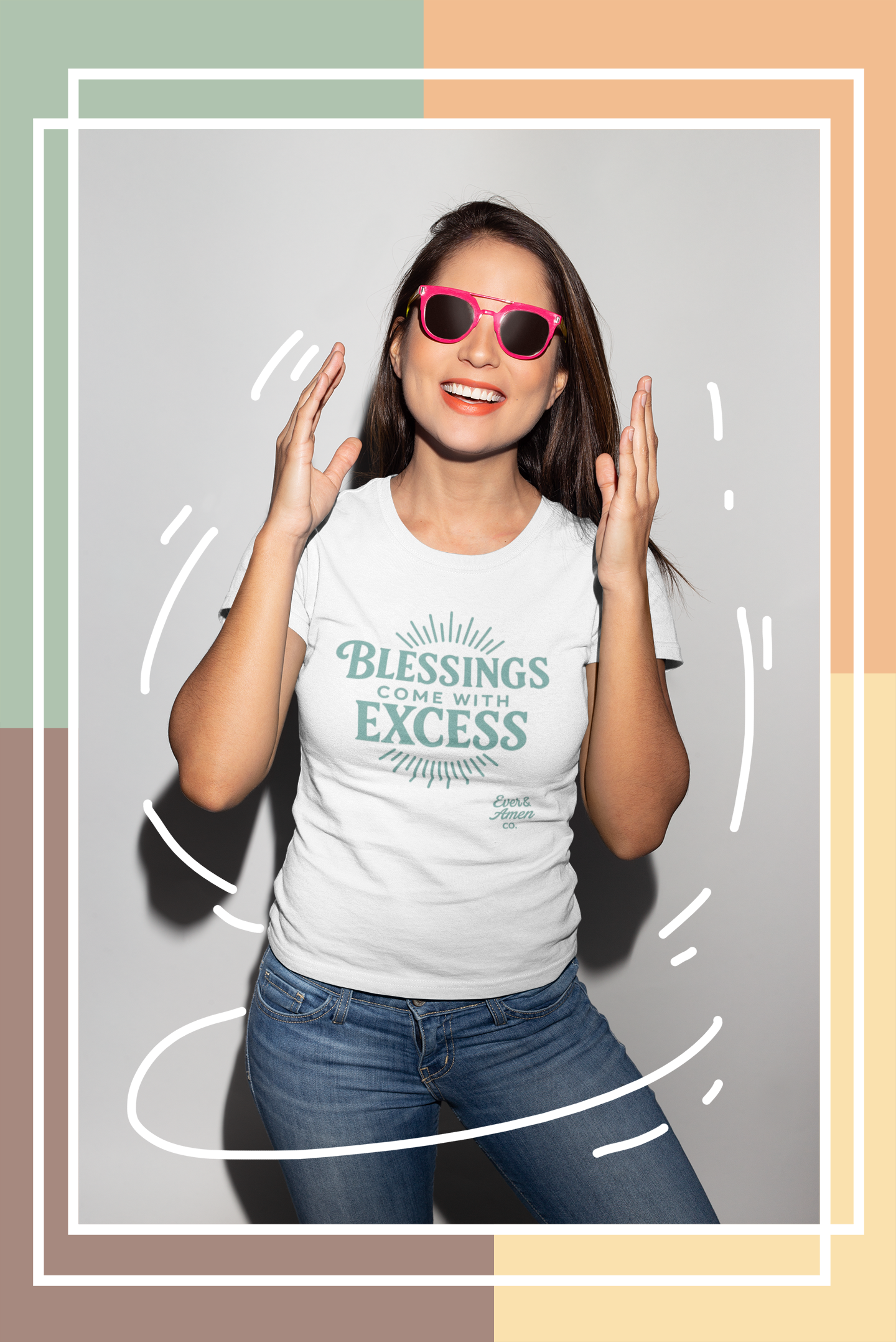 Women’s Christian graphic tee with the phrase “Blessings Come With Excess.” Soft, stylish faith-based shirt perfect for church, Bible study, or everyday wear. Inspirational apparel from Ever & Amen Co. designed to celebrate God’s overflowing goodness.