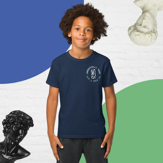 Boys’ Christian graphic tee with the phrase “Wonderfully Made.” Inspirational and faith-based shirt reminding kids of God’s perfect design. Comfortable and stylish, perfect for church, school, or everyday wear. Designed by Ever & Amen Co