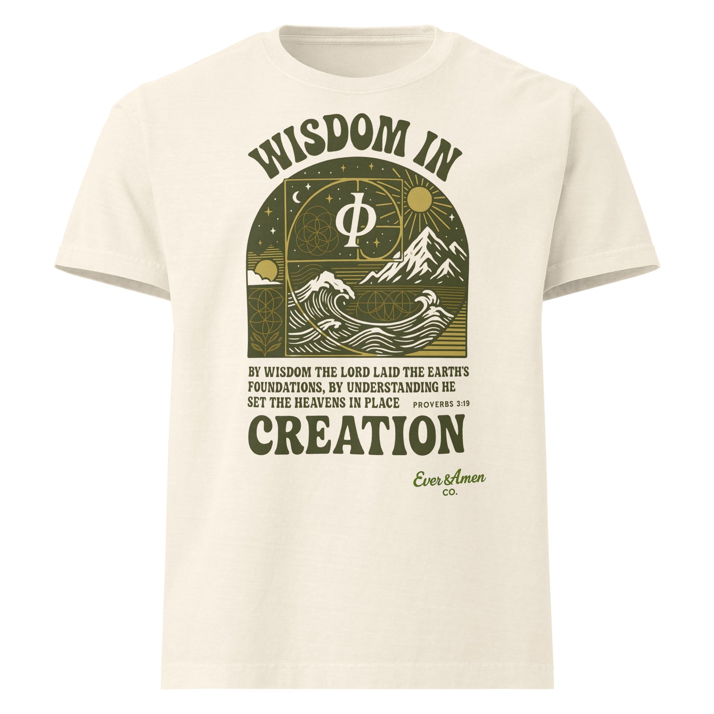 Faith-based oversized tee with sacred geometry and scripture from Proverbs 3:19. Modern Christian design for men and women.
