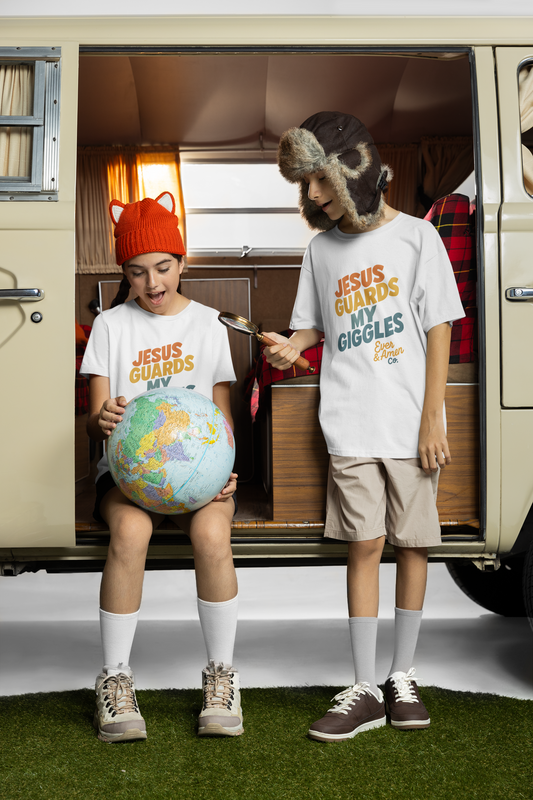 Children’s Christian graphic tee with the phrase “Jesus Guards My Giggles.” Fun and uplifting faith-based shirt reminding kids of God’s love and protection. Perfect for church, school, or everyday play. Created by Ever & Amen Co.