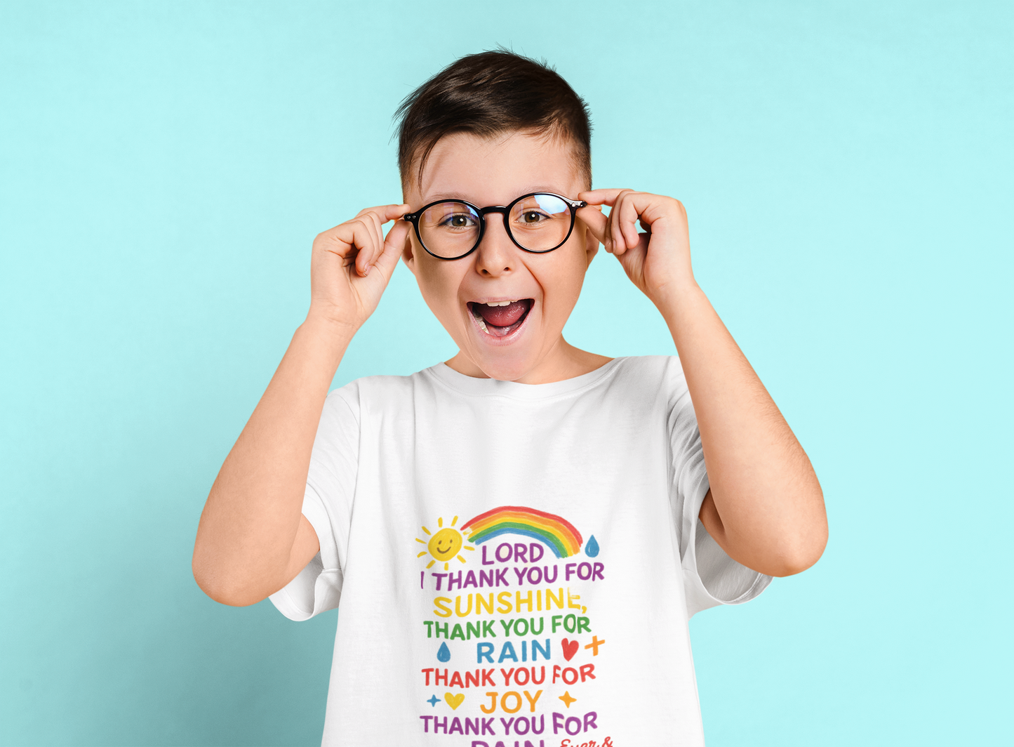 Children’s Christian graphic tee with the phrase “Thank You for Sunshine.” Bright and cheerful faith-based shirt celebrating gratitude and God’s blessings. Perfect for church, school, or everyday play. Designed by Ever & Amen Co