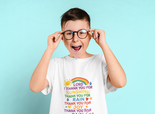 Children’s Christian graphic tee with the phrase “Thank You for Sunshine.” Bright and cheerful faith-based shirt celebrating gratitude and God’s blessings. Perfect for church, school, or everyday play. Designed by Ever & Amen Co