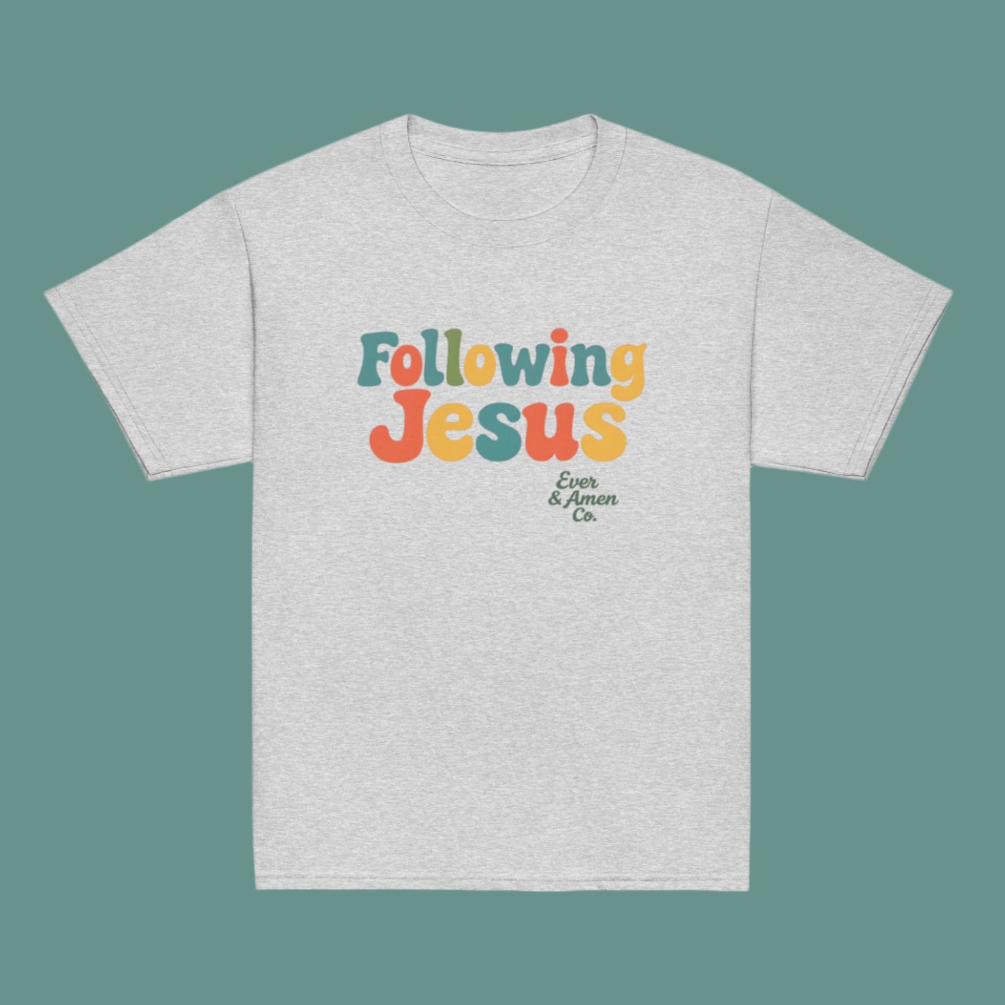 Unisex children’s Christian tee with “Following Jesus” design. Soft and faith-filled shirt for boys and girls. Perfect for church or everyday wear