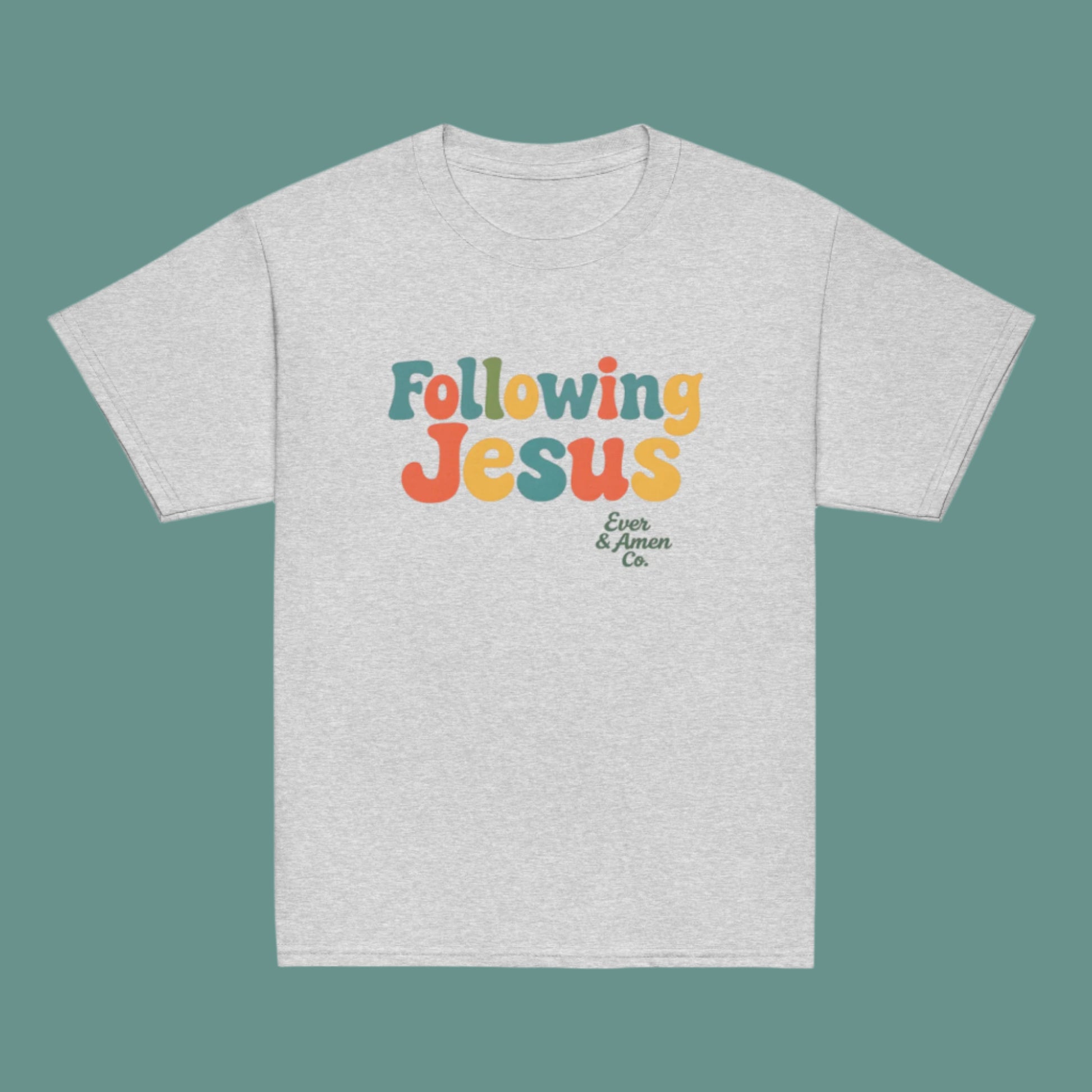 Unisex children’s Christian tee with “Following Jesus” design. Soft and faith-filled shirt for boys and girls. Perfect for church or everyday wear