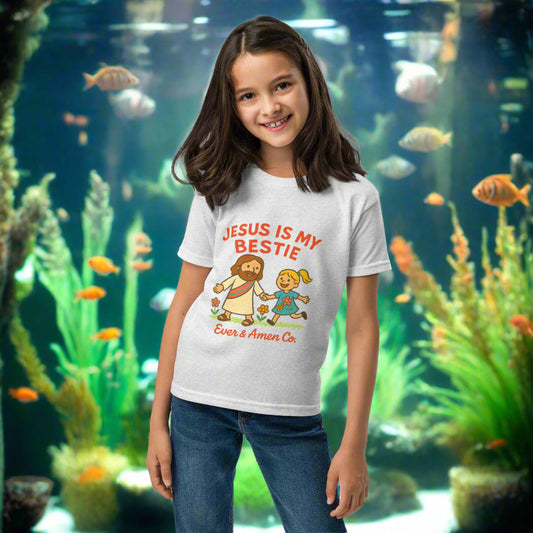 Girls’ Christian graphic tee with the phrase “Jesus Is My Bestie.” Cute and faith-filled shirt designed to inspire young hearts. Perfect for church, youth group, school, or everyday wear. Created by Ever & Amen Co.