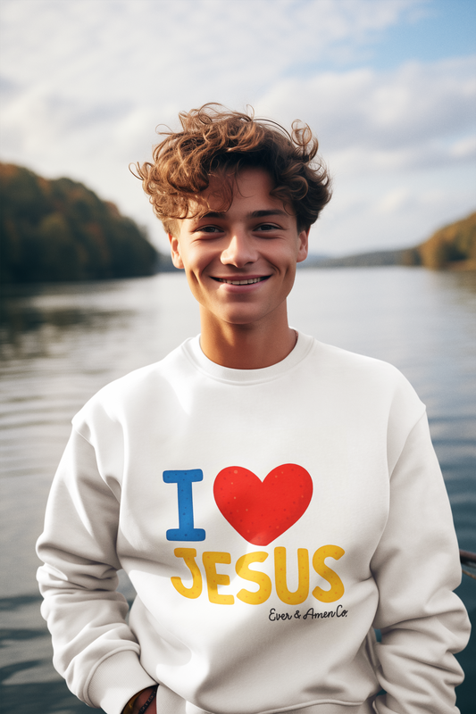 Adult unisex premium sweatshirt with I Love Jesus design, Christian faith apparel
