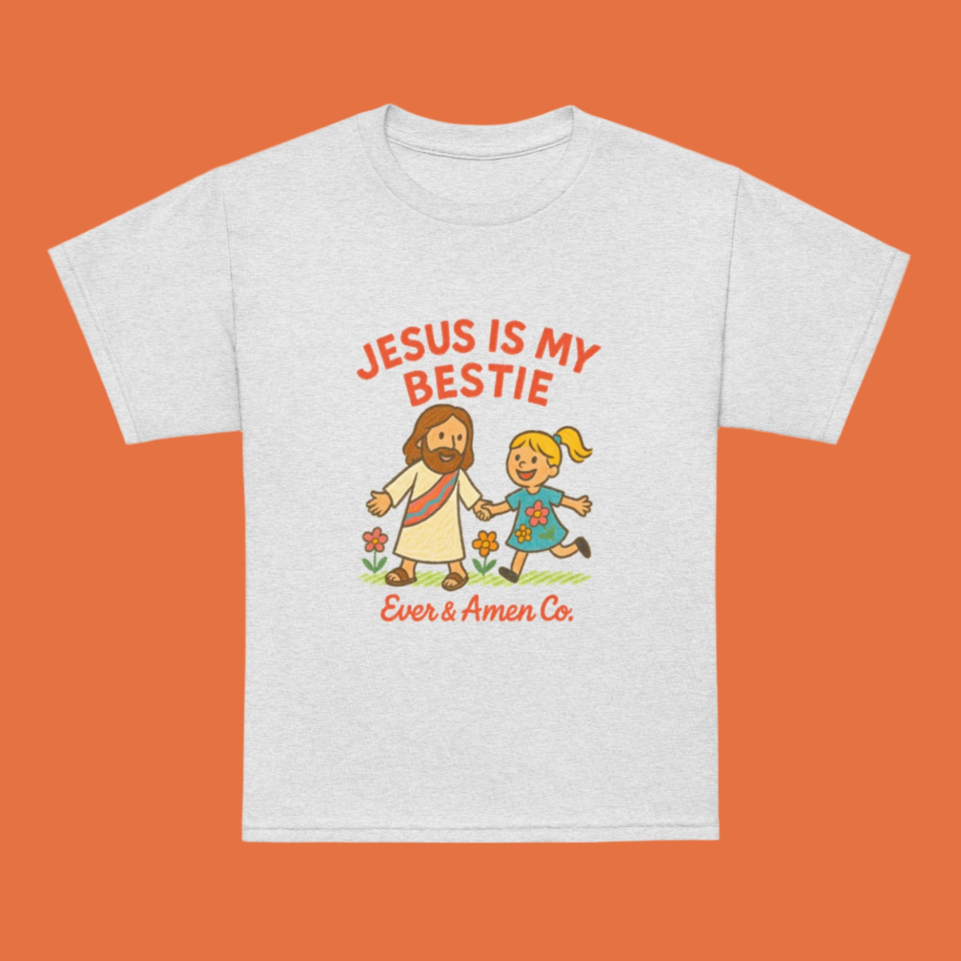 Girls’ Christian graphic tee with the phrase “Jesus Is My Bestie.” Cute and faith-filled shirt designed to inspire young hearts. Perfect for church, youth group, school, or everyday wear. Created by Ever & Amen Co