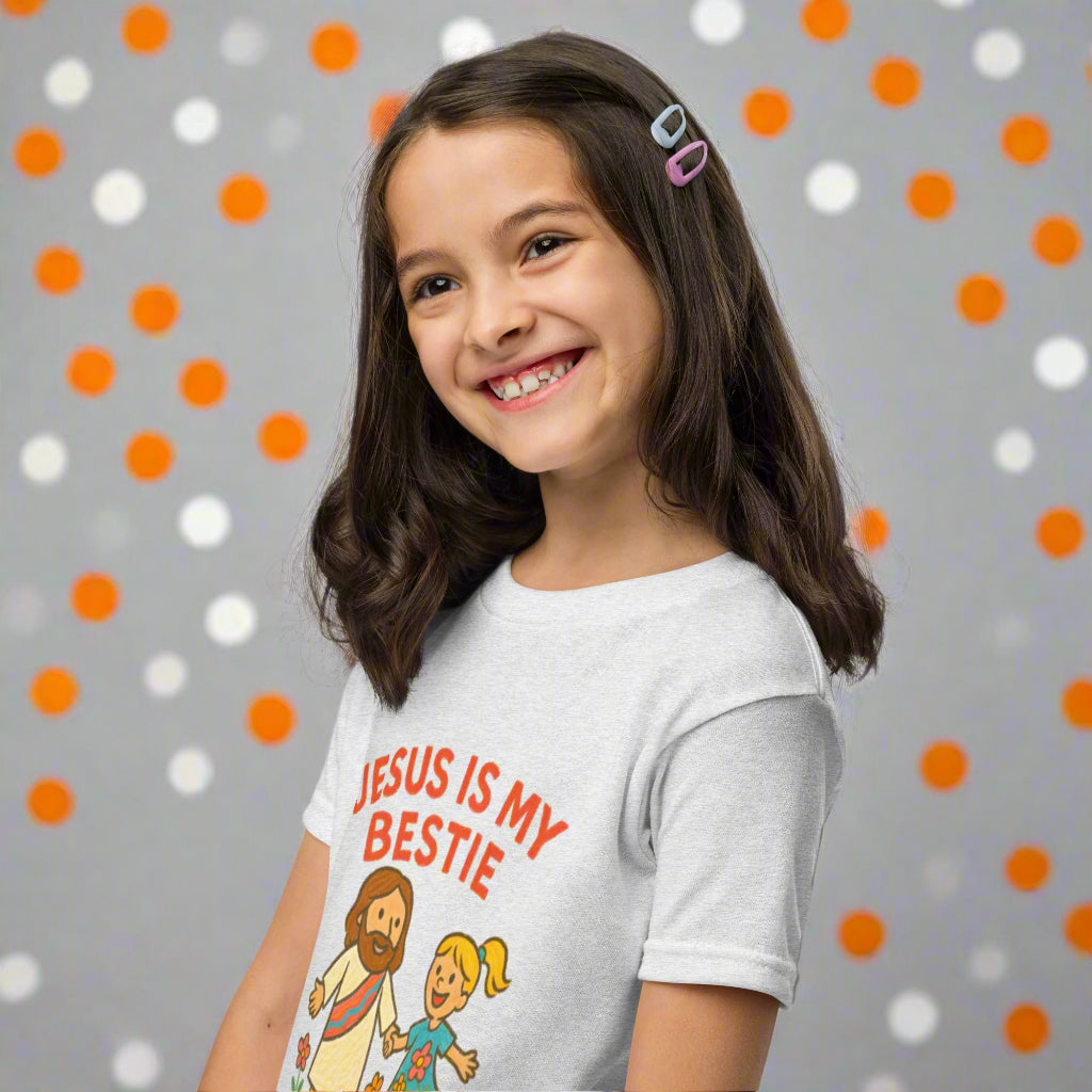 Girls’ Christian graphic tee with the phrase “Jesus Is My Bestie.” Cute and faith-filled shirt designed to inspire young hearts. Perfect for church, youth group, school, or everyday wear. Created by Ever & Amen Co.
