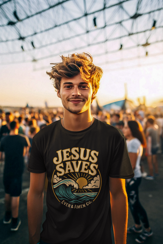 Unisex Christian t-shirt with “Jesus Saves” design. Faith-based apparel inspired by John 3:16