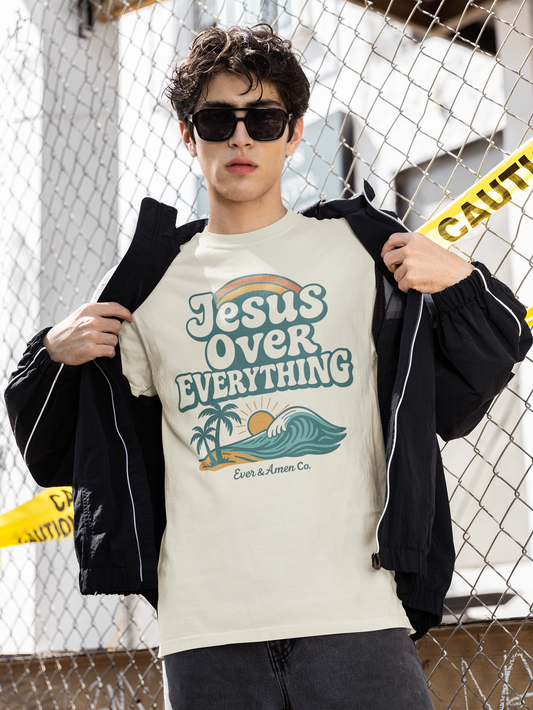 Christian streetwear unisex t-shirt featuring “Jesus Over Everything” message
