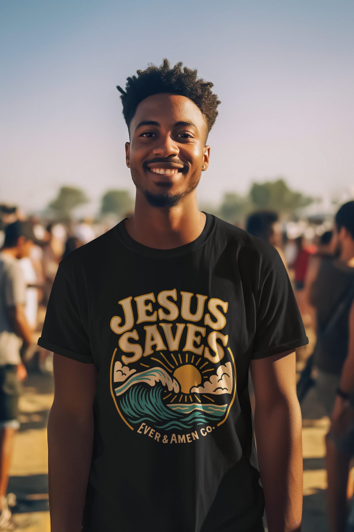 Unisex Christian t-shirt with “Jesus Saves” design. Faith-based apparel inspired by John 3:16