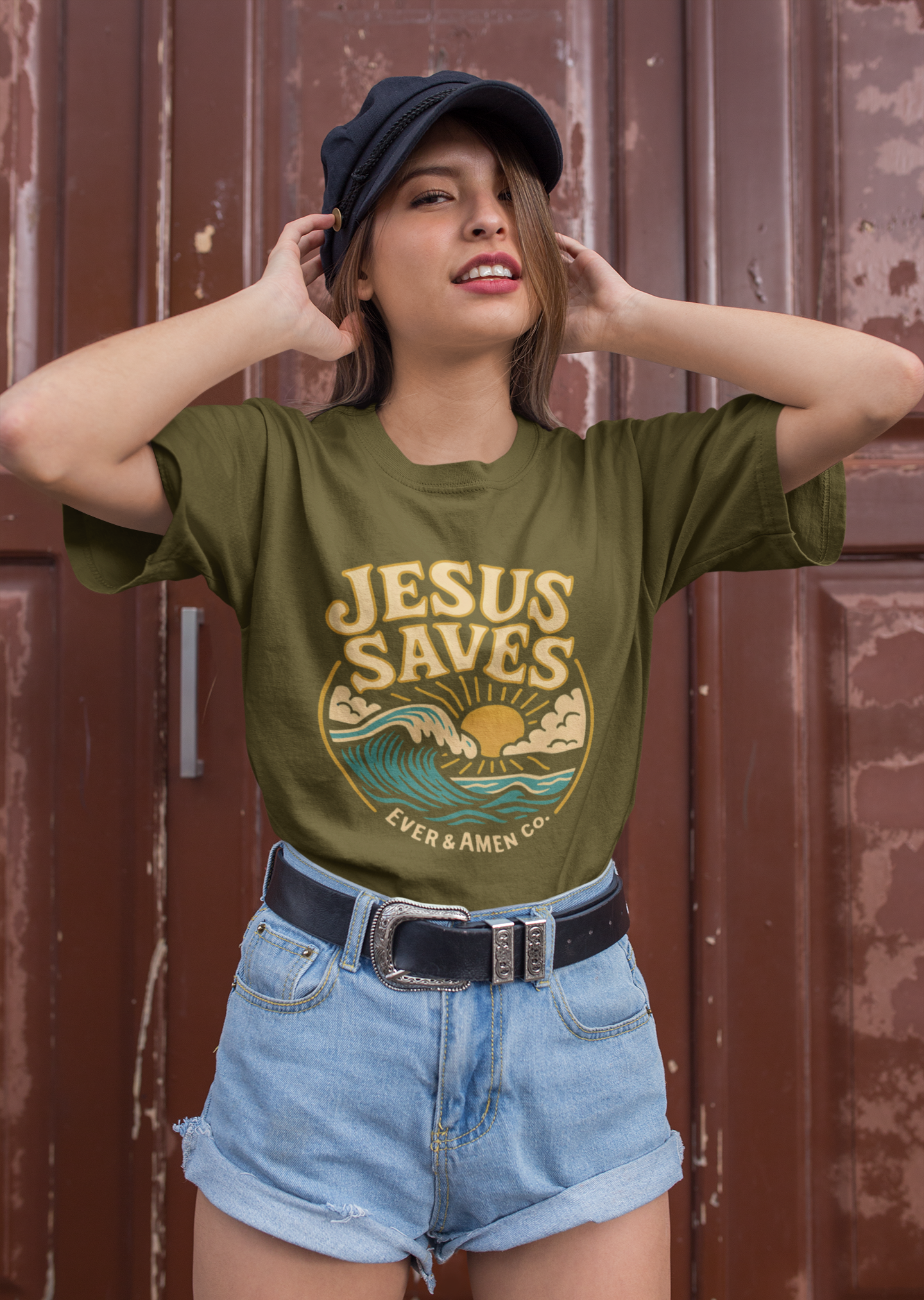 Unisex Christian t-shirt with “Jesus Saves” design. Faith-based apparel inspired by John 3:16