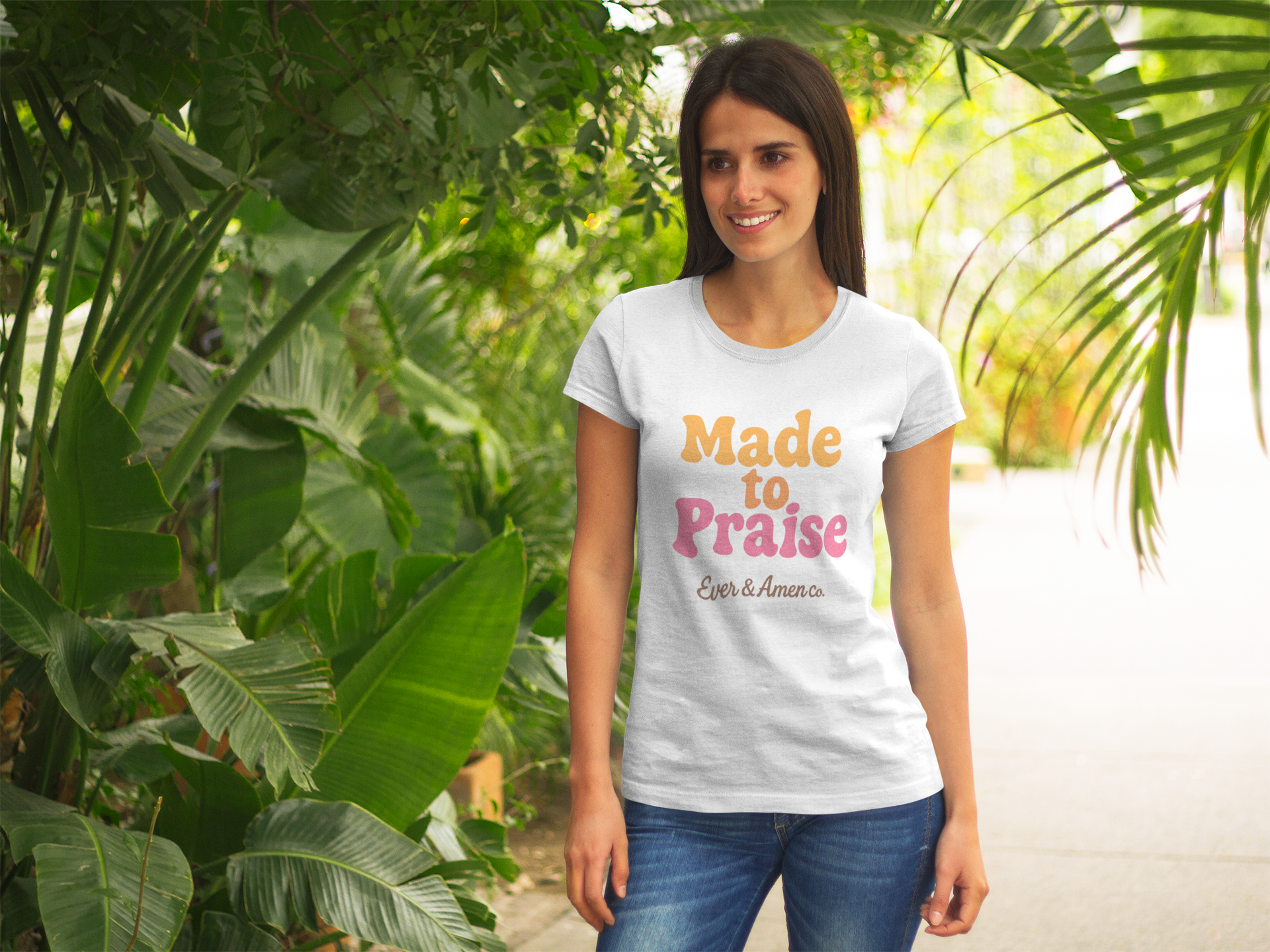 Christian graphic tee for women featuring “Made to Praise” message. Faith-inspired design by Ever & Amen Co.