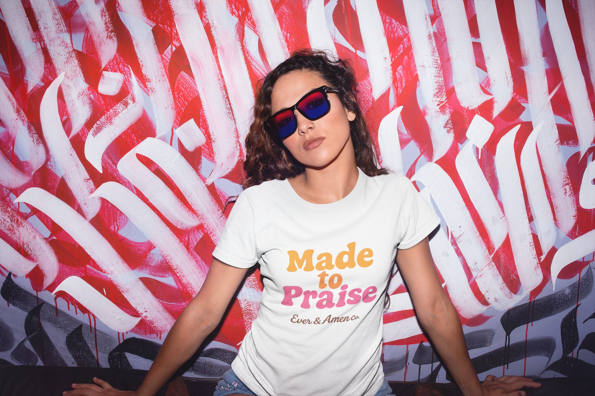 Christian graphic tee for women featuring “Made to Praise” message. Faith-inspired design by Ever & Amen Co.