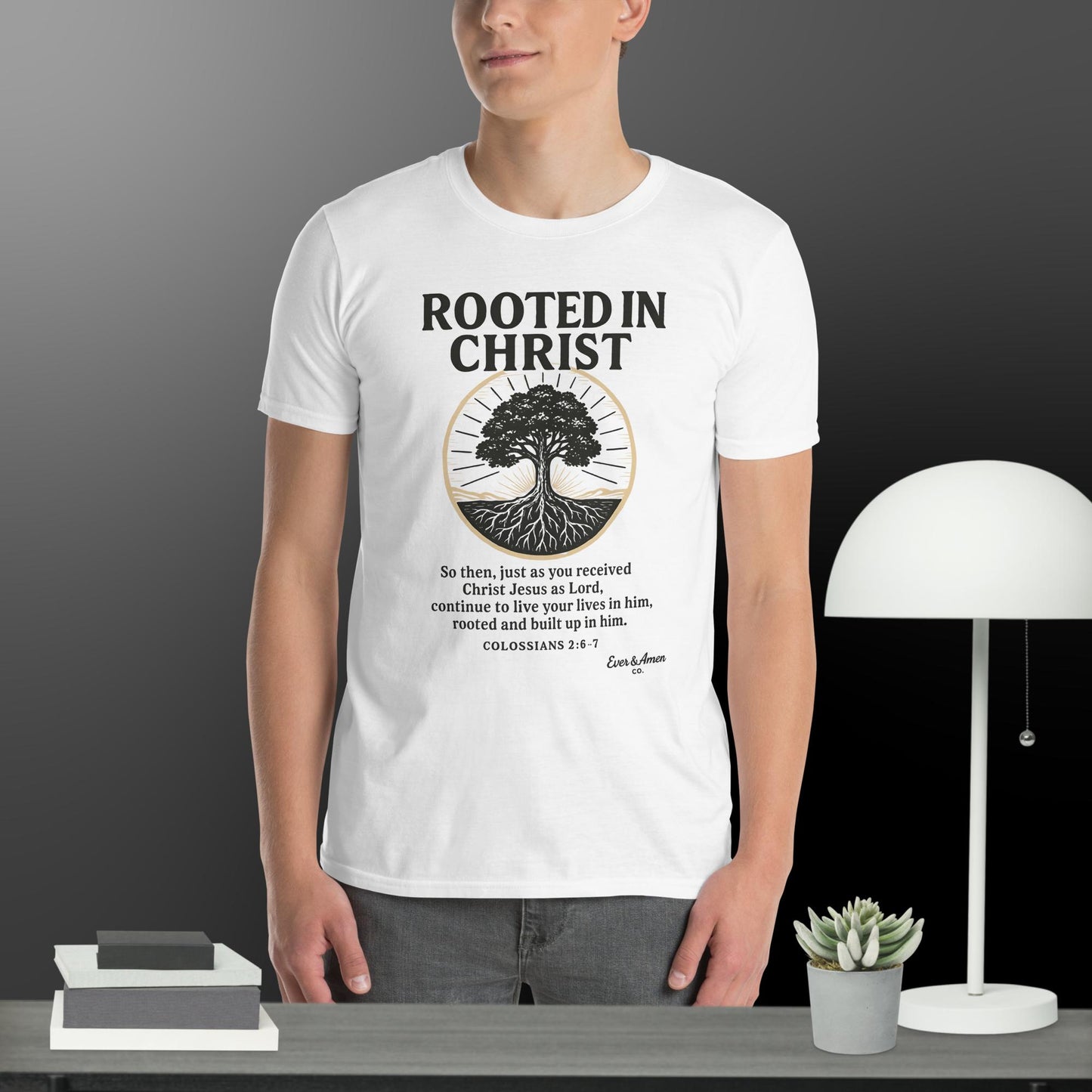 Show your faith with the Men’s “Rooted in Christ” Tee. A bold, comfortable Christian graphic shirt perfect for church, Bible study, or everyday wear. Designed by Ever & Amen Co.