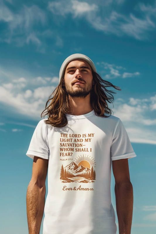 Men’s Christian graphic tee with the phrase “The Lord Is My Light.” Inspirational and faith-based shirt designed for everyday wear, church, or Bible study. A modern and meaningful piece from Ever & Amen Co.