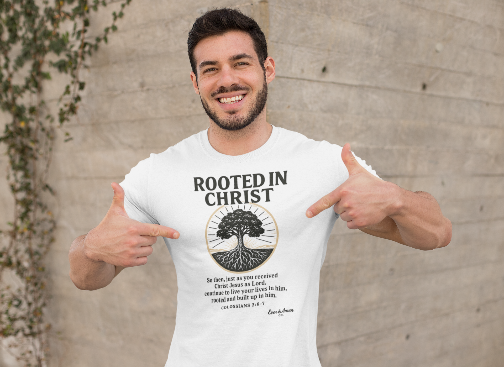 Show your faith with the Men’s “Rooted in Christ” Tee. A bold, comfortable Christian graphic shirt perfect for church, Bible study, or everyday wear. Designed by Ever & Amen Co.