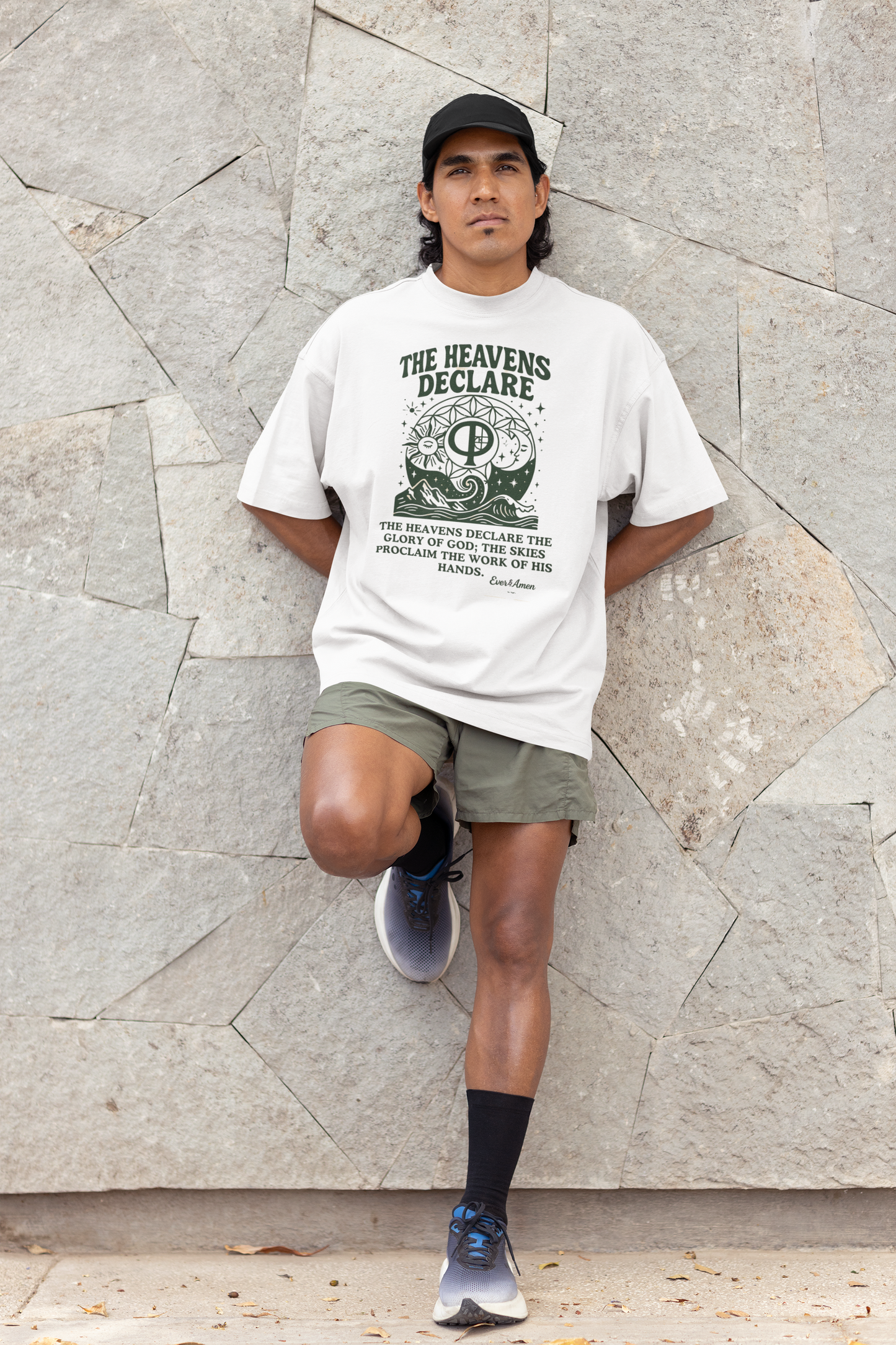 Oversized unisex Christian graphic tee with the phrase “The Heavens Declare,” inspired by Psalm 19:1 and the golden ratio. Soft, faith-based shirt perfect for modern Christian streetwear, church, or everyday wear. Designed by Ever & Amen Co.