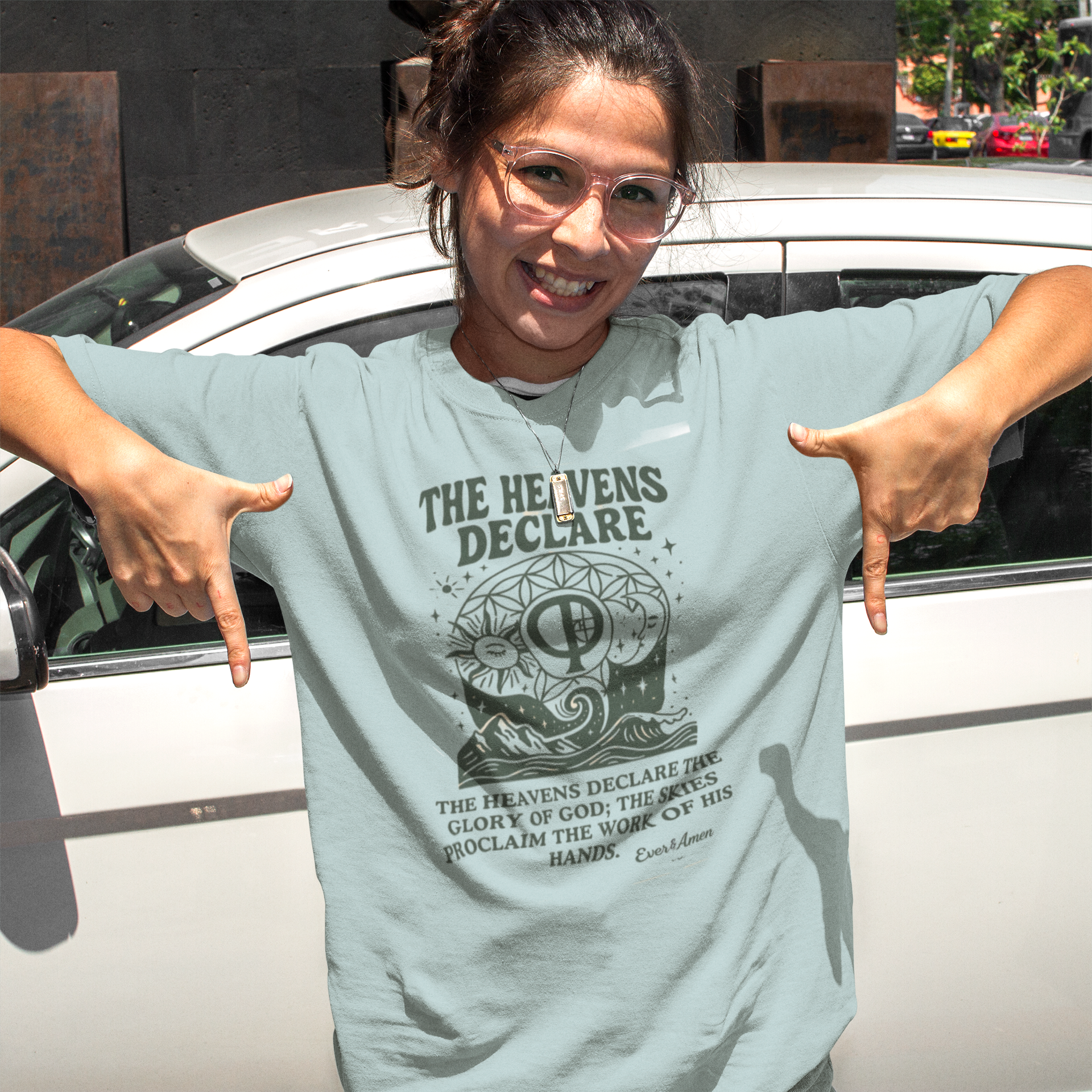 Oversized unisex Christian graphic tee with the phrase “The Heavens Declare,” inspired by Psalm 19:1 and the golden ratio. Soft, faith-based shirt perfect for modern Christian streetwear, church, or everyday wear. Designed by Ever & Amen Co.